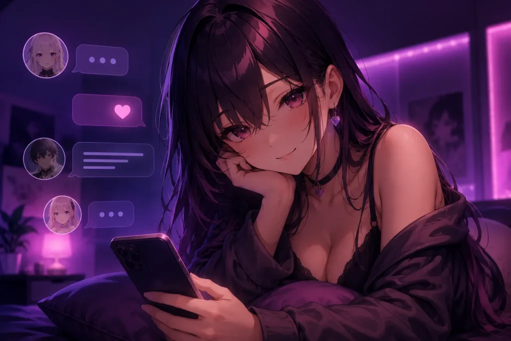 Anime-style illustration of a girl using a smartphone in a purple neon-lit bedroom with floating chat bubbles and a cozy futuristic atmosphere inspired by anime chat apps.
