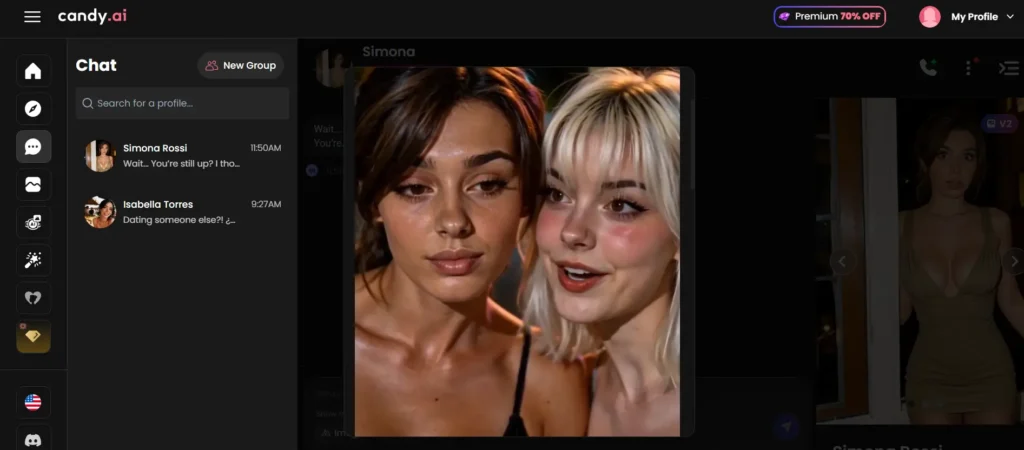 Candy AI WLW chat interface showing two female AI companions, Simona and Isabella, in the chat sidebar