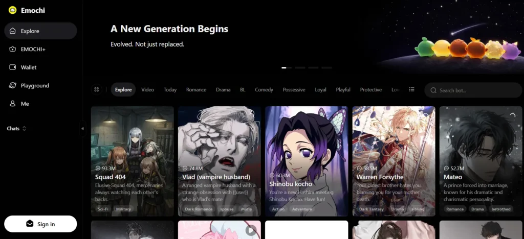 Emochi AI platform showing visual novel style anime character cards including Vlad vampire husband, Shinobu Kocho, and Warren Forsythe with millions of chat counts
