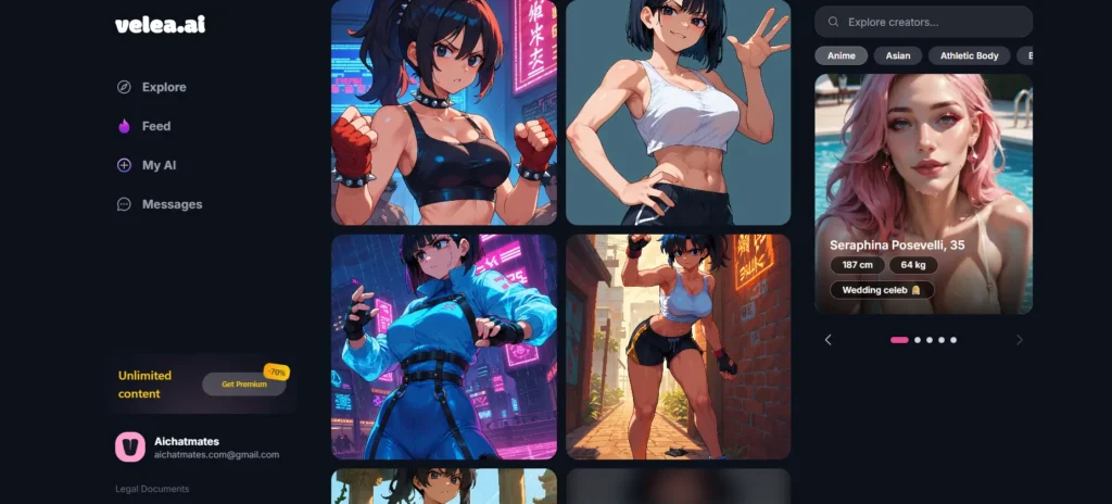 Velea AI explore feed showing anime and athletic body type characters in a grid layout with a Get Premium 70% off badge on the sidebar