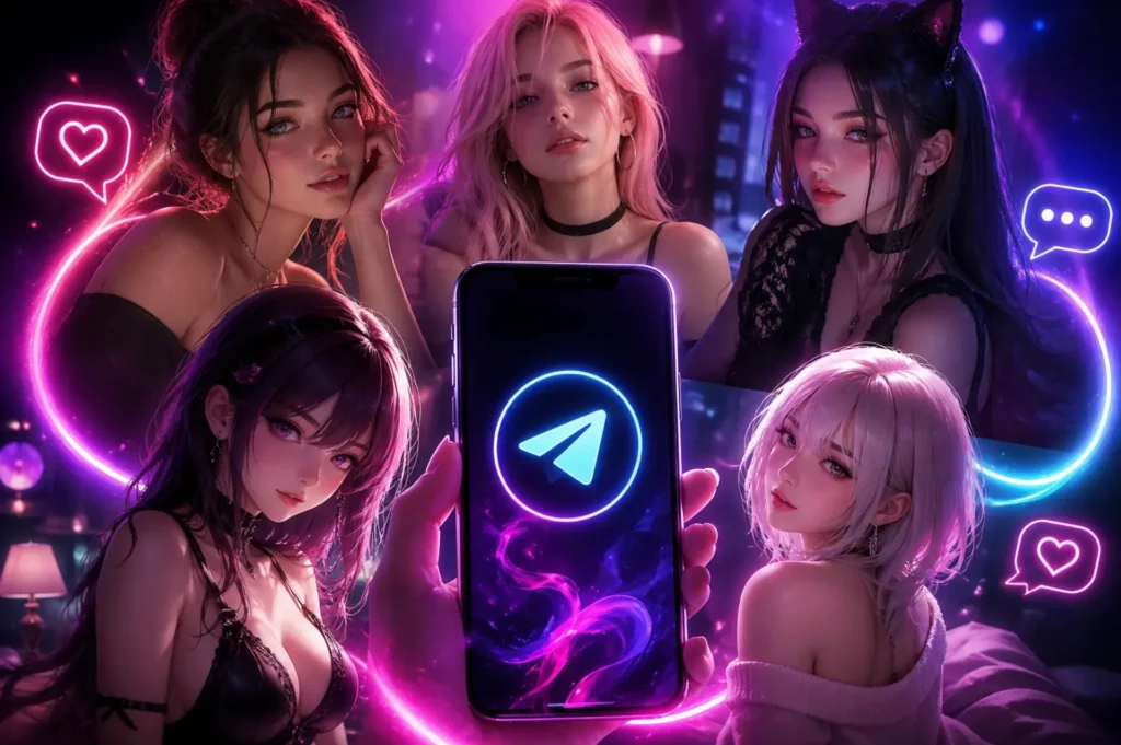 A neon-themed digital illustration showing a smartphone with a glowing messaging app icon surrounded by multiple stylized AI female characters in a futuristic, vibrant cyberpunk setting with pink, purple, and blue lighting.