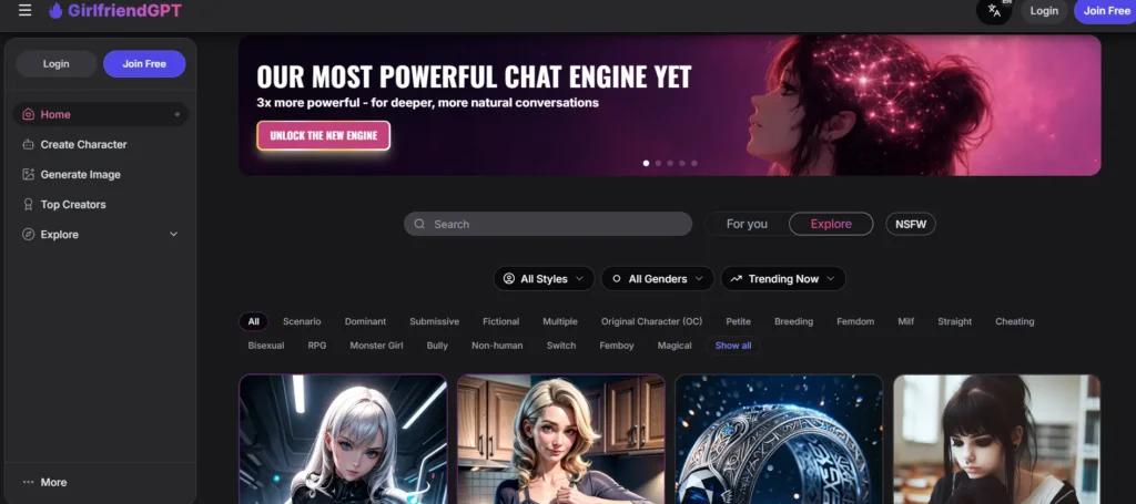  GirlfriendGPT homepage showing upgraded chat engine banner and anime character categories including dominant, submissive, monster girl, and femdom