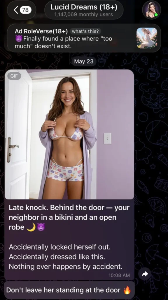 Lucid Dreams 18+ Telegram chat interface showing an active roleplay scenario with a visual prompt and a call-to-action message