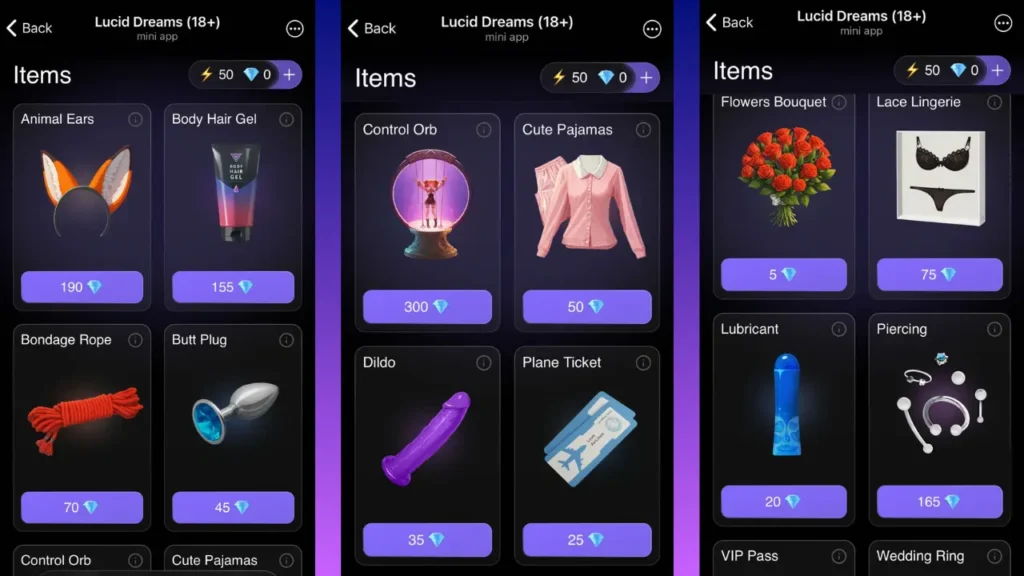 Lucid Dreams 18+ mini app Items store displaying purchasable virtual gifts including bondage rope, butt plug, control orb, flowers bouquet, and lace lingerie with gem prices