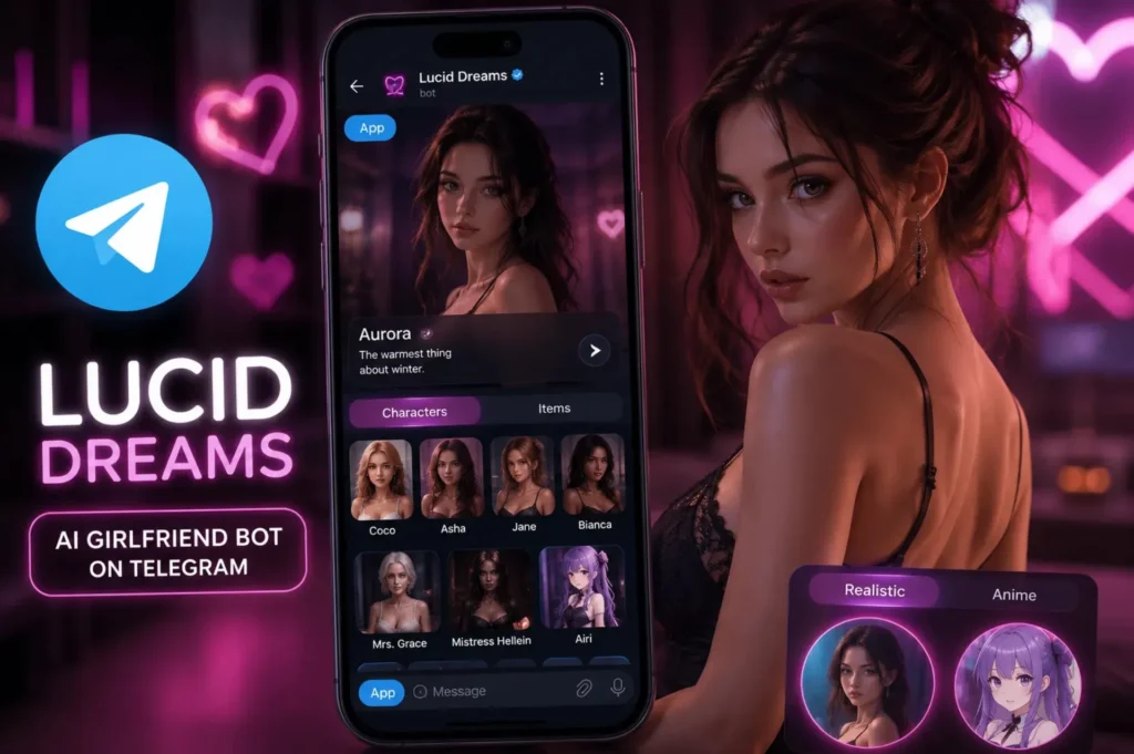 Futuristic neon-themed artwork of the Lucid Dreams AI girlfriend bot on Telegram featuring a smartphone with realistic and anime AI companions, glowing pink and purple lighting, and a cyberpunk-inspired chat interface.
