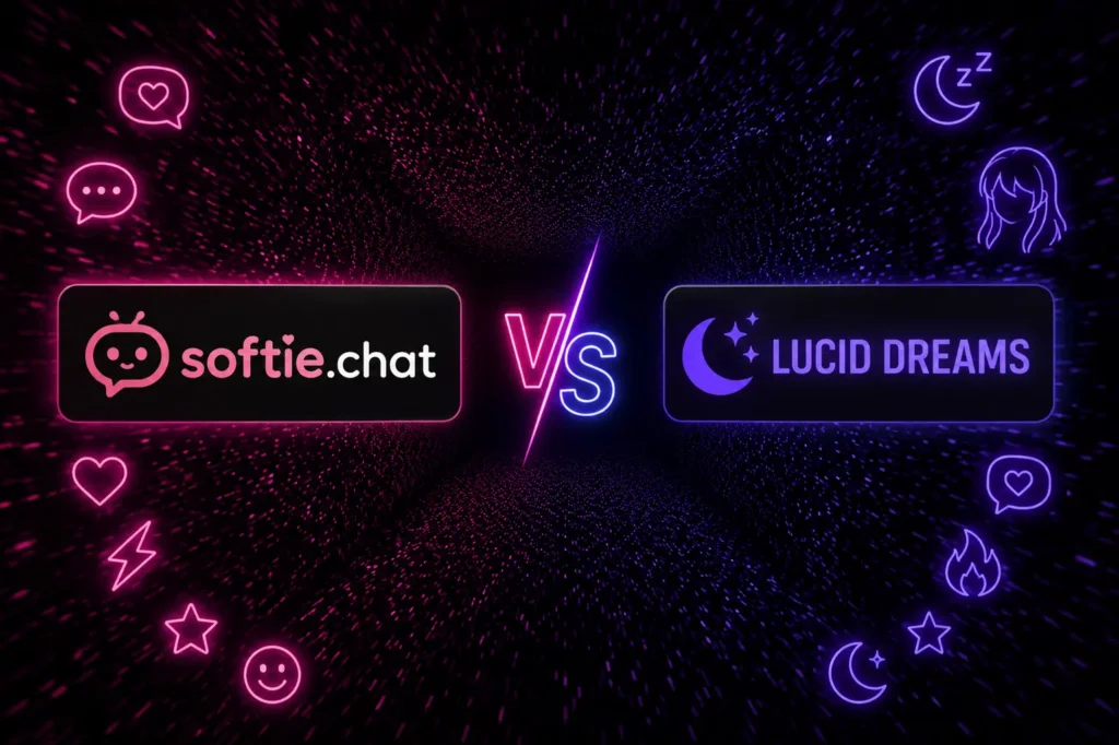 A futuristic neon comparison graphic featuring the Softie.chat and Lucid Dreams logos on opposite sides with a glowing “VS” in the center, surrounded by pink and purple cyberpunk-style icons and effects.