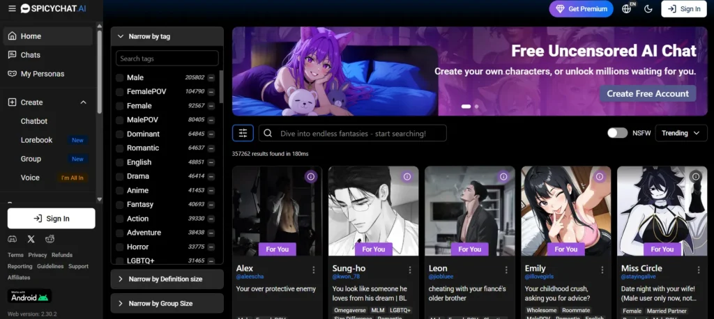 SpicyChat AI interface showing free uncensored AI chat with 357,000 community characters and NSFW toggle on the explore page