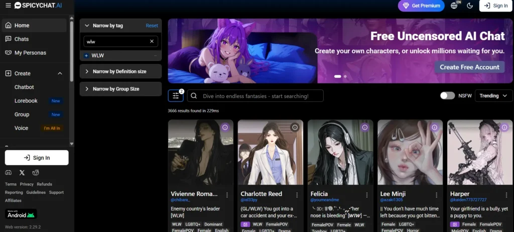 SpicyChat AI character browser filtered by WLW tag showing 3,666 female and LGBTQ+ characters including dominant, FemalePOV and GL results