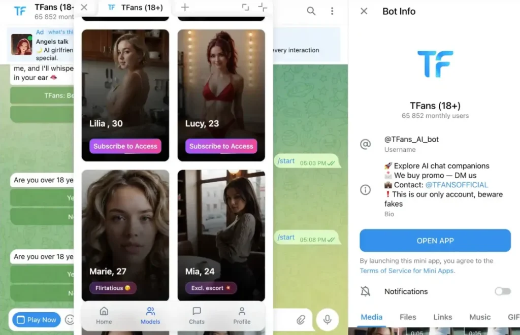 TFans 18+ Telegram AI girlfriend bot interface showing the Models page with AI companions Lilia (30), Lucy (23), Marie (27, Flirtatious), and Mia (24, Exclusive Escort), alongside the bot info panel showing 65,852 monthly users and the @TFans_AI_bot username
