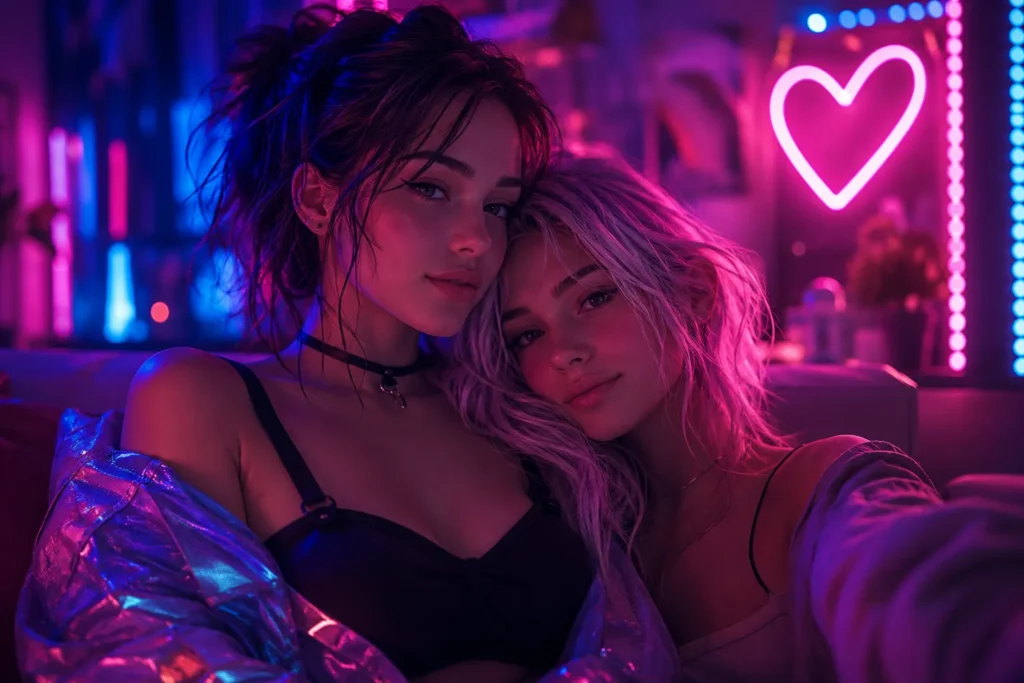 A neon-lit WLW AI companion experience featuring futuristic virtual romance, emotional connection, and immersive late-night conversations.
