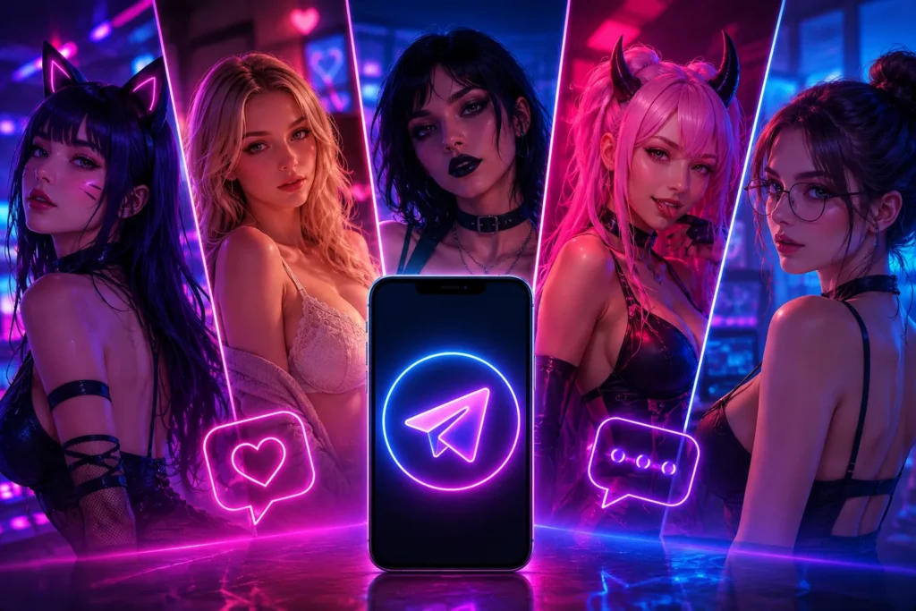 Cyberpunk-style featured image showing five AI companion characters around a glowing smartphone with neon pink and blue lighting, symbolizing popular 18+ Telegram AI companion bots, virtual girlfriends, and roleplay chat experiences.