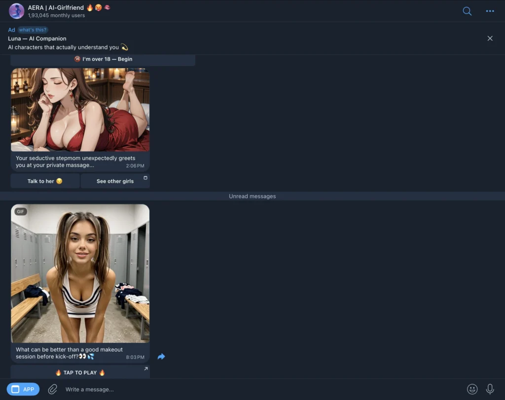 AERA Telegram AI chatbot displaying personalized companion conversations, roleplay features, and AI character interactions.
