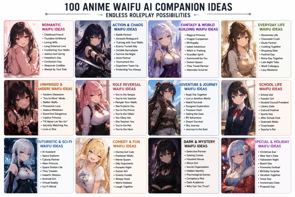 Infographic showing anime waifu roleplay categories including romance, action, fantasy, everyday life, mystery, sci-fi, adventure, and school life with illustrated anime characters.