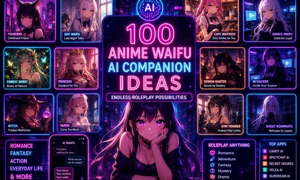 Neon cyberpunk collage featuring multiple anime waifu characters and AI companion roleplay scenarios, including romance, fantasy, action, mystery, and everyday life themes.