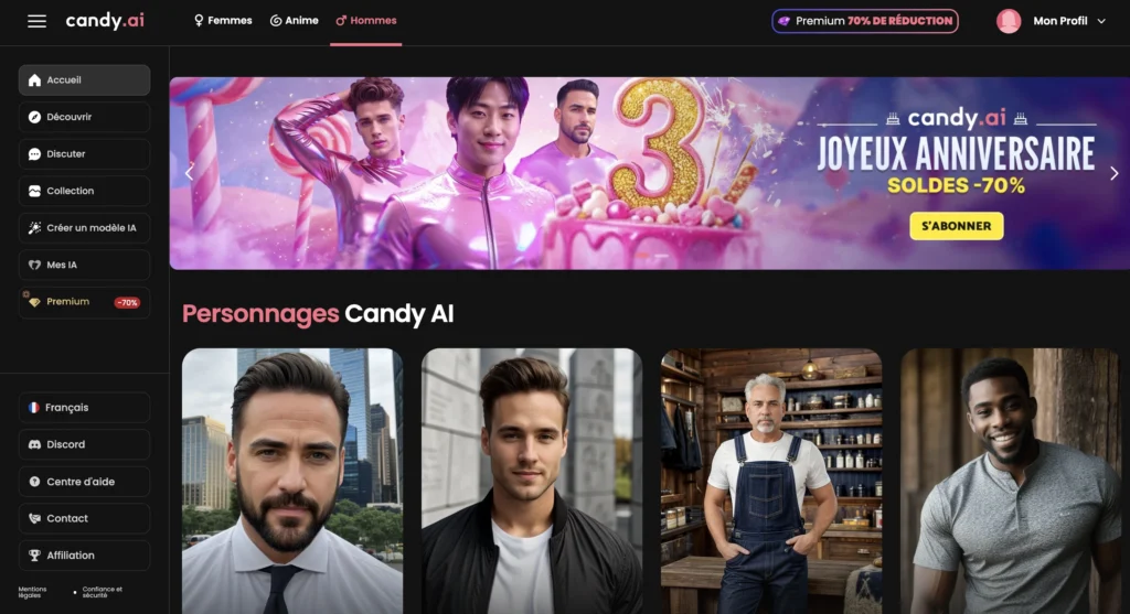 Candy AI showing french AI boyfriends