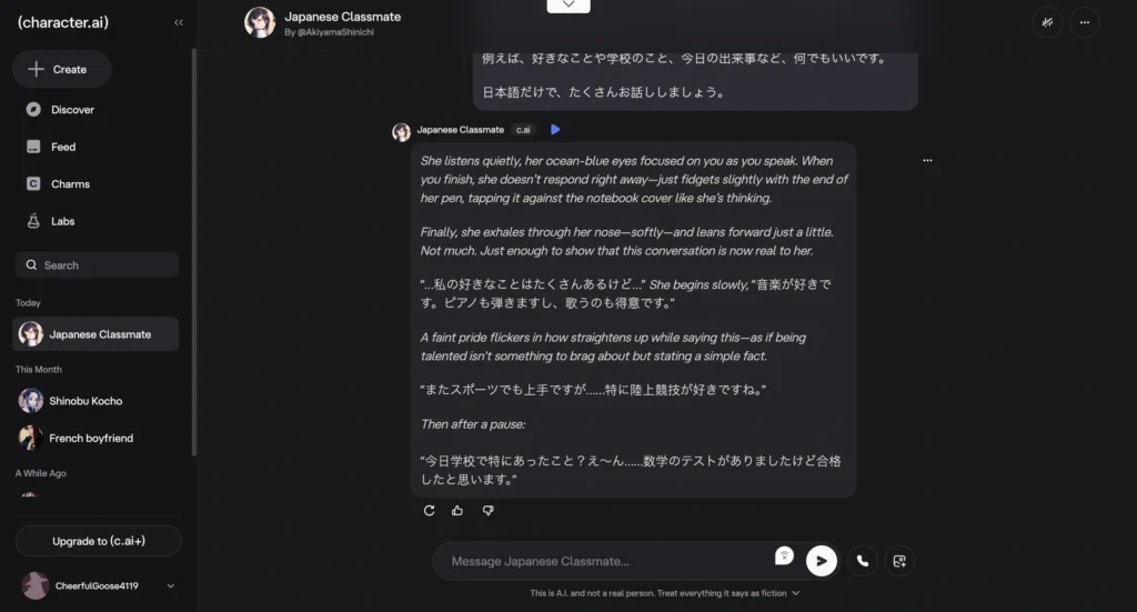 AI companion chat on Character.ai.
