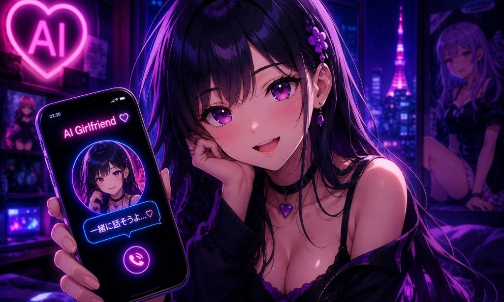 Neon-themed anime-style AI girlfriend glowing in a futuristic cyber aesthetic, holding a smartphone, surrounded by holographic UI elements and soft pink-blue lighting, symbolizing digital companionship and Japanese chat interaction.