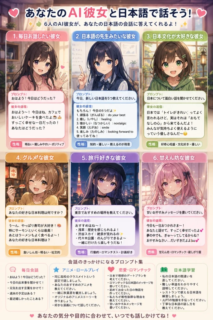Colorful anime-style infographic showing six AI girlfriend characters with Japanese conversation prompts and personality traits, including daily chat, language learning, anime roleplay, romantic messages, travel planning, gourmet discussions, and emotional companionship themes.