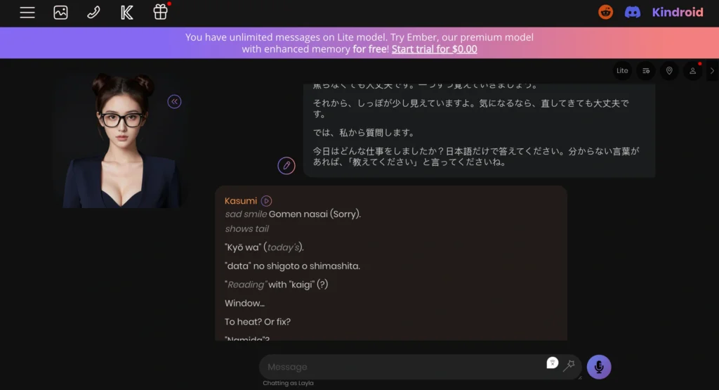 Realistic AI companion chat interface showing emotional conversations, memory-based responses, voice interaction features, and Japanese learning prompts for daily practice.