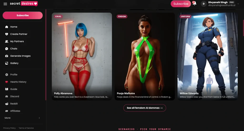 Secret Desires Femdom AI character gallery featuring multiple AI dominatrix profiles with unique categories and appearances.