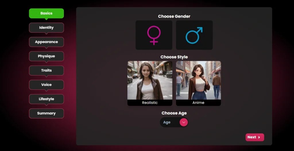 Build-A-Yandere character creator in Secret Desires with personality settings, dynamic options, and companion customization tools.