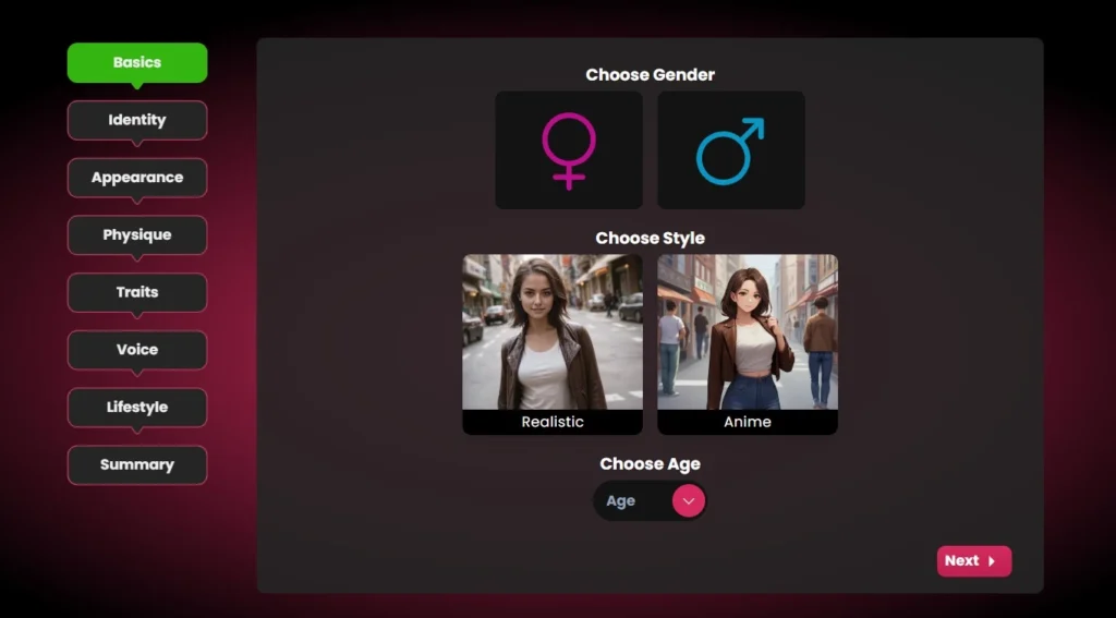 Secret Desires homepage featuring curated AI companion characters available for chat, customization, and image generation.