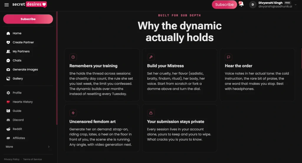 Secret Desires Femdom AI features page showcasing conversation memory, AI voice, privacy settings, and image generation capabilities.