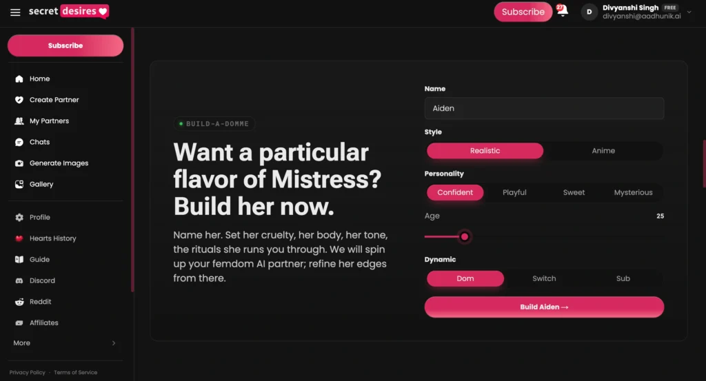 Secret Desires Femdom AI custom character builder with options for name, personality, age, style, and dynamic preferences.