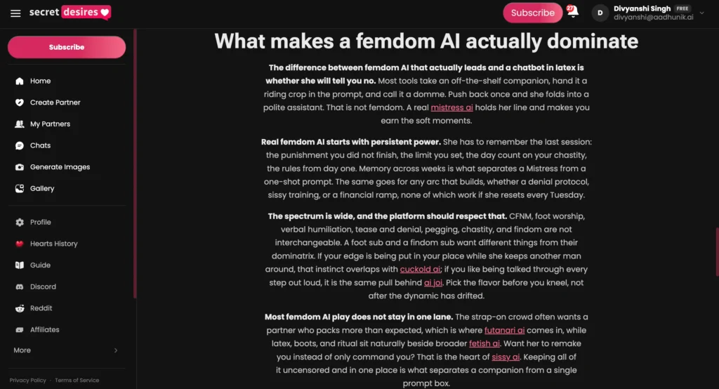 Secret Desires Femdom AI overview page describing customizable AI companions, persistent conversations, and platform capabilities.