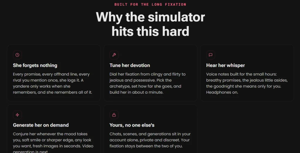 Secret Desires simulator features page highlighting AI memory, image generation, voice chat, and personalization tools.