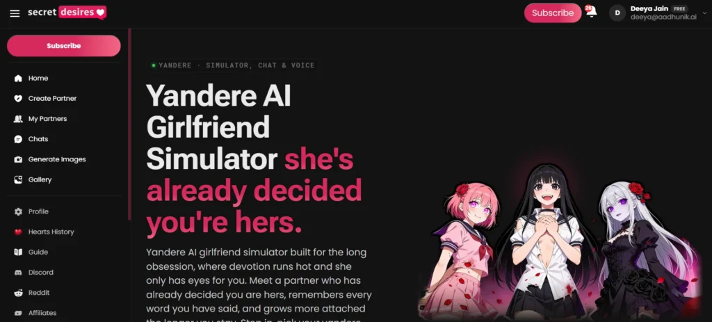 Yandere AI girlfriend character created in Secret Desires with anime-inspired appearance and customizable personality settings.