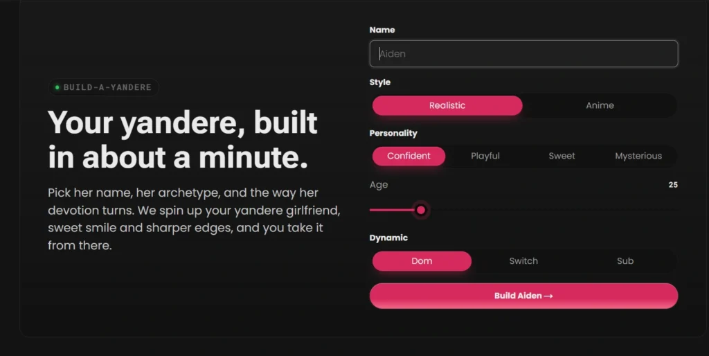 Secret Desires character builder basics page with gender selection, anime style options, and age customization.