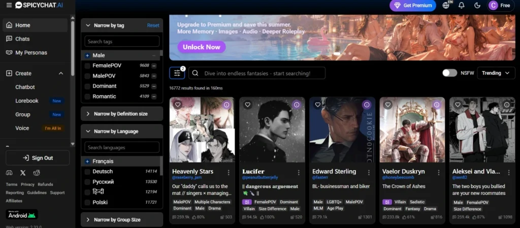SpicyChat AI showing French AI boyfriend options