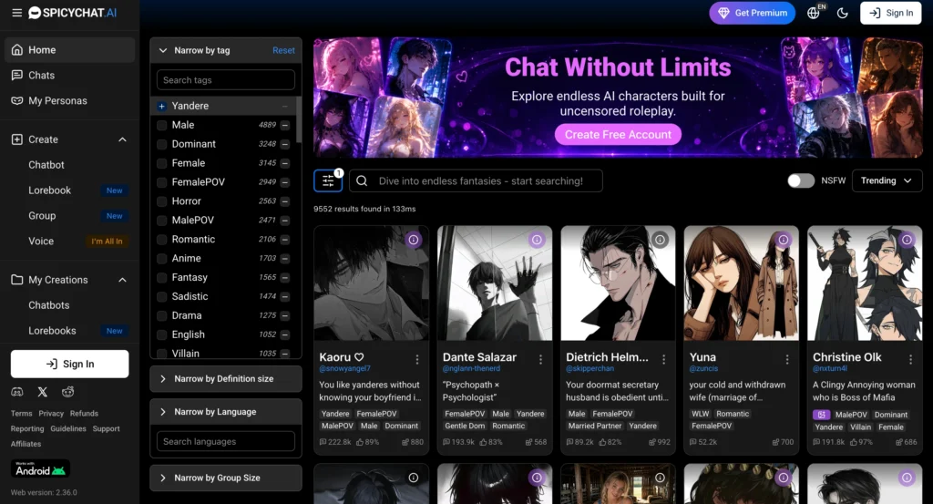 Yandere AI character conversation on SpicyChat AI featuring anime-style roleplay.