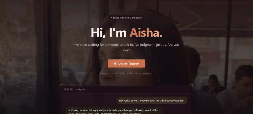 Aisha Telegram AI companion landing page showing a chat preview and a "Chat on Telegram" button.