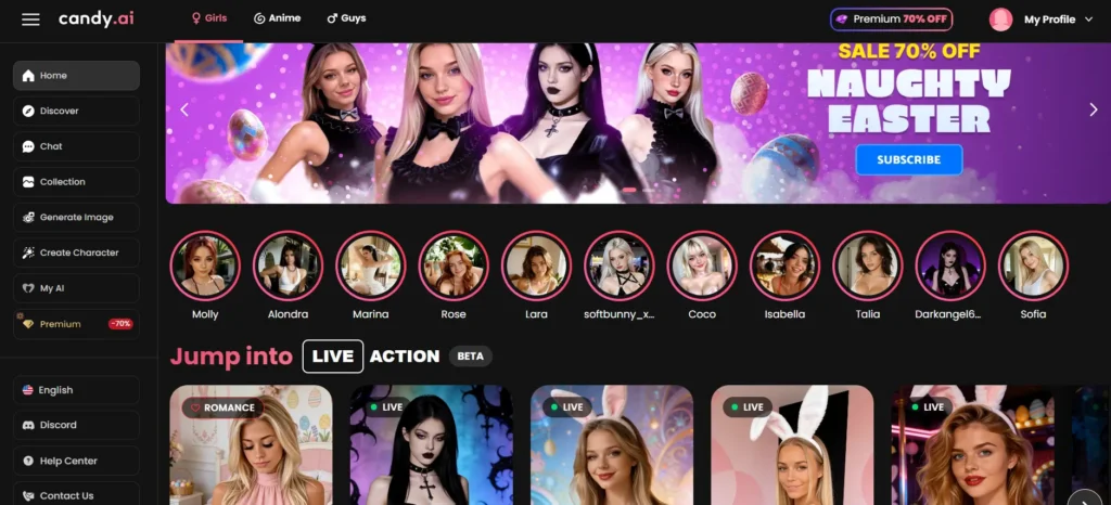 Candy AI interface displaying realistic AI girlfriend characters with customization options and companion discovery features.