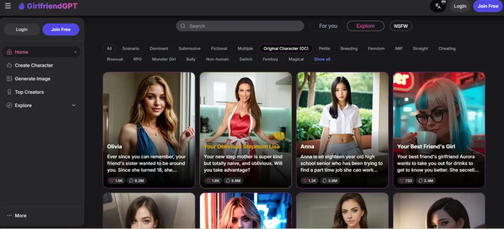 GirlfriendGPT platform showcasing AI companion profiles, conversation scenarios, and memory-based relationship features.