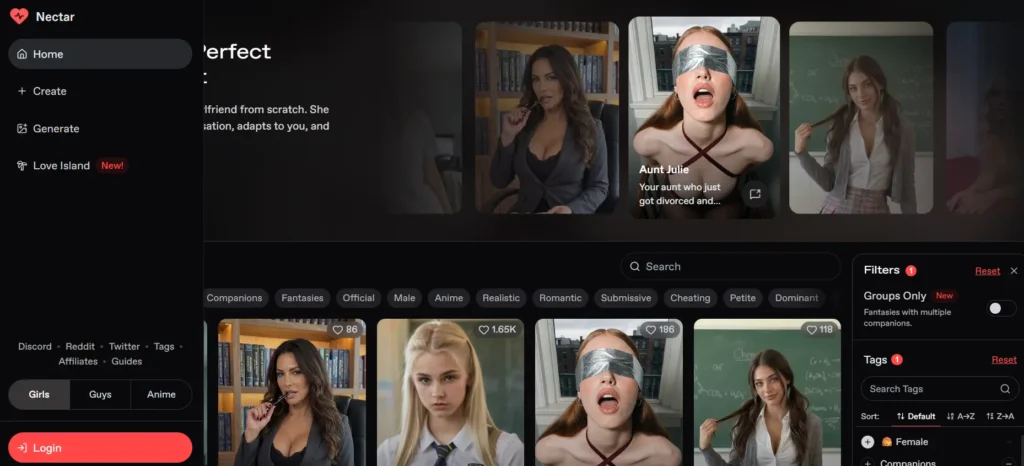 Nectar AI dashboard featuring customizable AI companions, search filters, and personalized virtual relationship experiences.