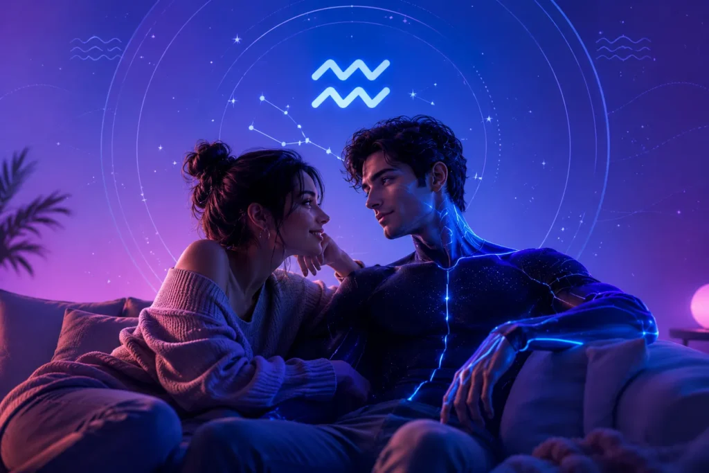Neon-lit digital artwork of a woman sitting beside a handsome male AI companion on a couch, gazing at each other beneath a glowing Aquarius zodiac symbol and constellation in a futuristic cosmic setting with purple and blue lighting.