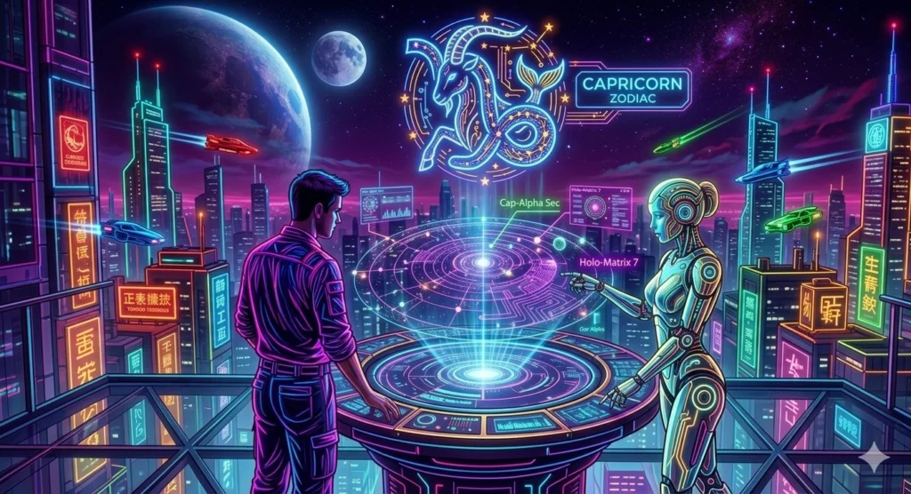 A vibrant cyberpunk cityscape at night glowing with intense neon lights. A man stands on a balcony next to a sleek female android looking at a circular holographic planetary map. Above them, a massive neon sign illuminates a stylized Capricorn sea-goat zodiac symbol.