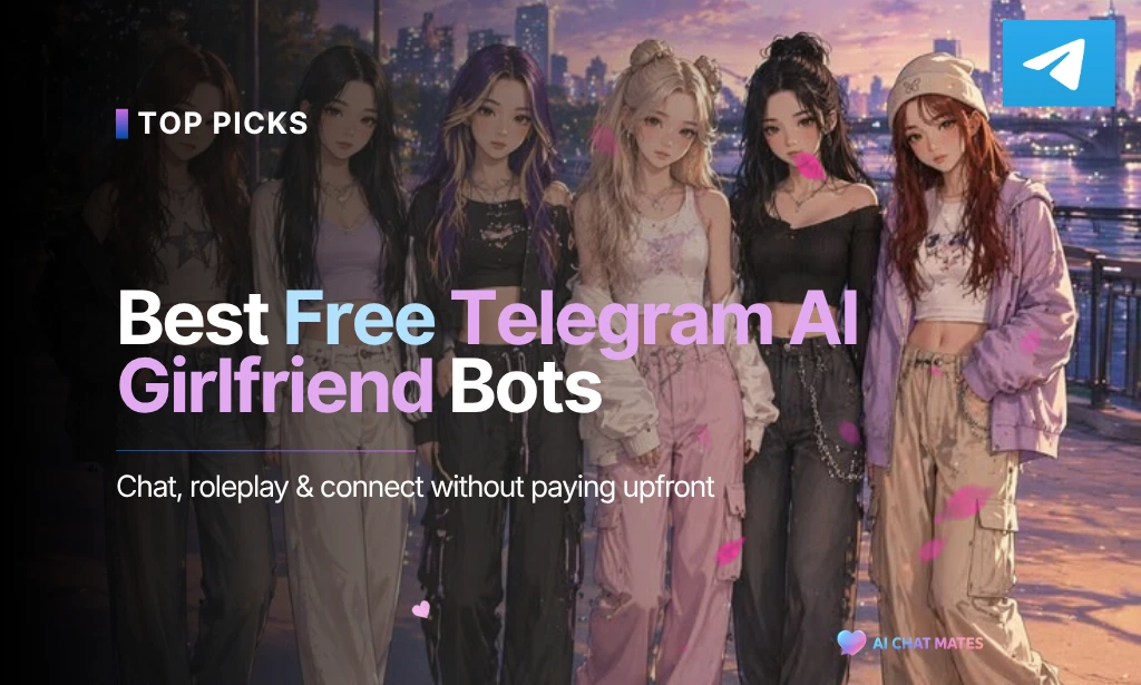 Banner image featuring multiple stylized AI female characters with the title "Best Free Telegram AI Girlfriend Bots."