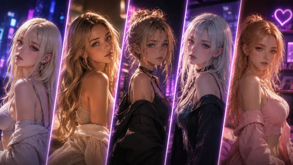 A cinematic featured image of five AI girlfriends with distinct blonde hair colors—platinum, beachy honey, dirty blonde, ice white, and strawberry blonde—featuring a mix of realistic and anime-inspired styles against a vibrant cyberpunk background.