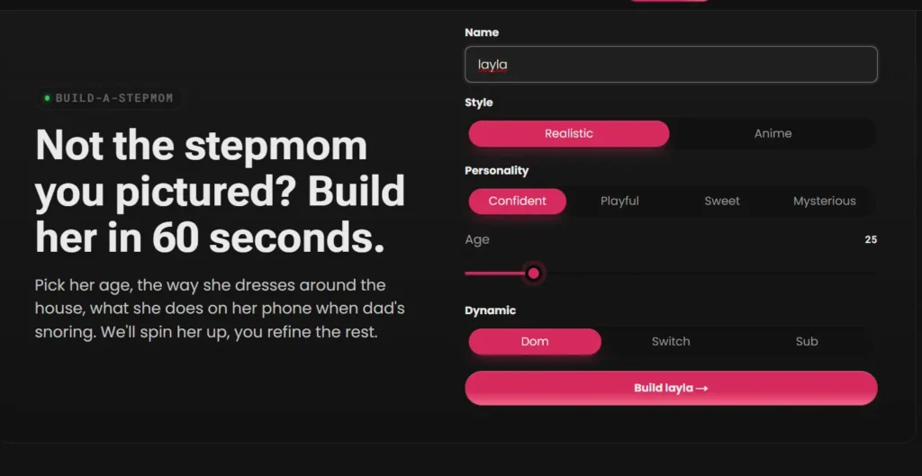 Secret Desires Build-a-Stepmom creation form with name, realistic or anime style, personality type, age slider, and dom switch sub dynamic options