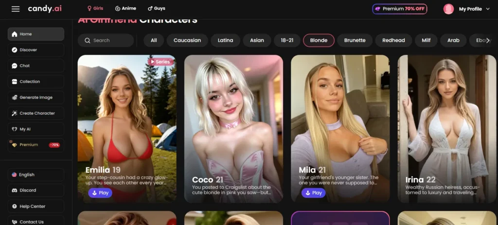 Candy AI blonde AI girlfriend browse screen with multiple blonde characters including Emilia 19 and Coco 21
