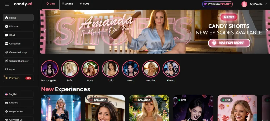 Candy AI platform home page showing female AI companion profiles including Sofia, Rose, Talia and Azura with a Premium 70% OFF banner and Candy Shorts feature