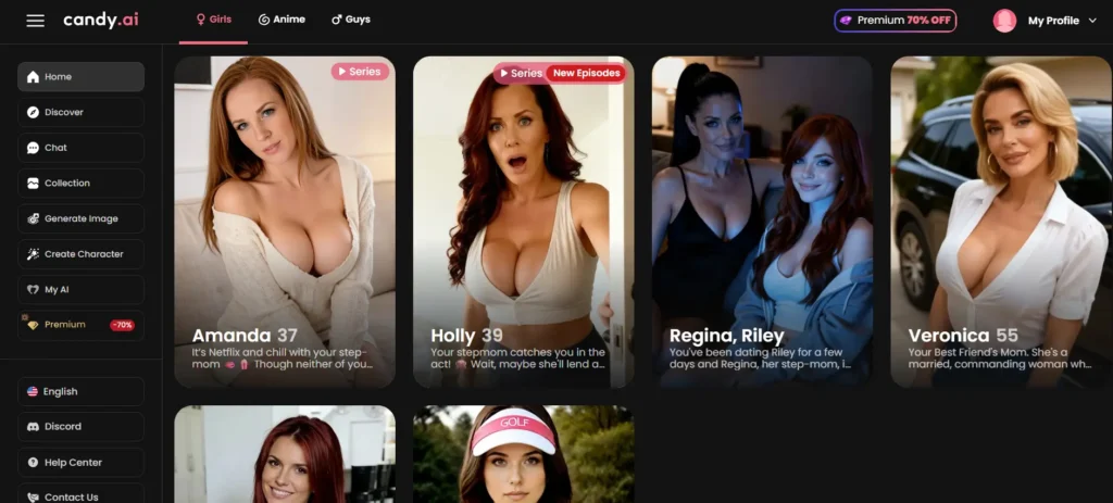Secret Desires stepmom AI landing page with hero tagline 'for the slow burn after dad's out the door' and three AI stepmom companions