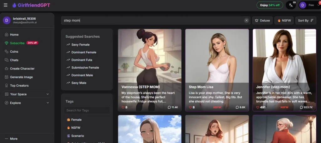 GirlfriendGPT step mom search results showing Vannessa, Step Mom Lisa, and Jennifer step mom with NSFW tags and engagement counts
