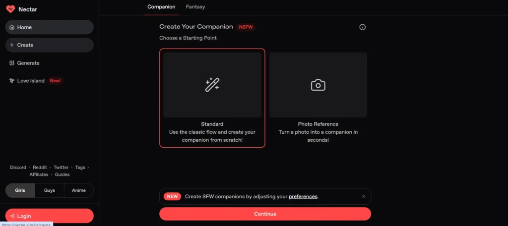 Nectar AI create companion screen showing two starting options: Standard build from scratch and Photo Reference to turn a photo into an AI companion
