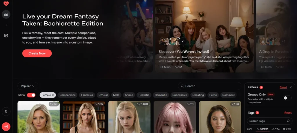 AI companion platform explore page showing fantasy scenario cards including Taken Bachelorette Edition and Sleepover with female companion grid filtered by NSFW and Companions tags