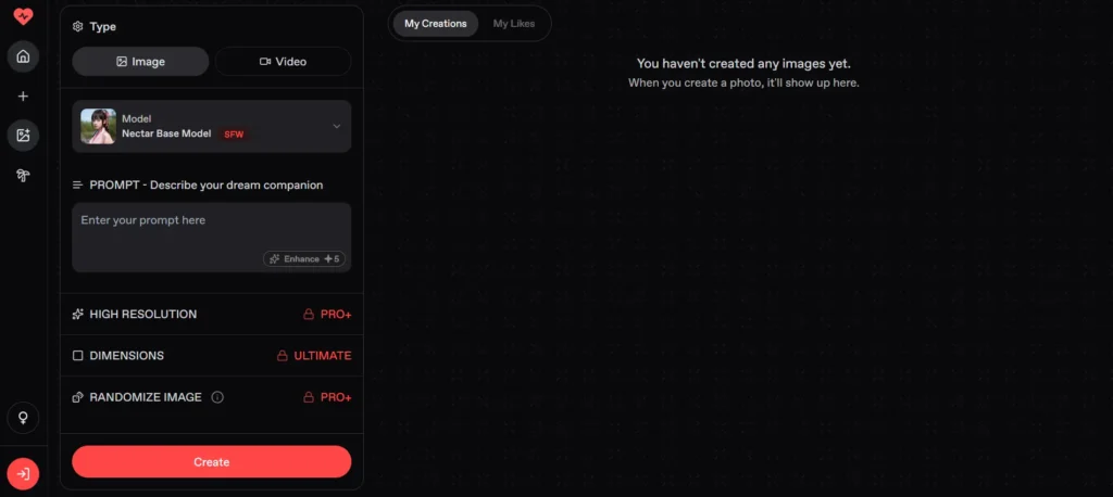 Nectar AI image generation screen in image mode showing prompt input field, Nectar Base Model selector, and options for high resolution and randomize image locked behind Pro and Ultimate tiers
